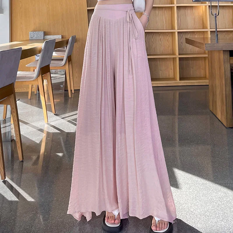 

Summer Vintage Elegant Fashion Wide Leg Pants Women Solid Color Flowy Aesthetic Chic Drape Loose Drawstring Folds Long Trousers