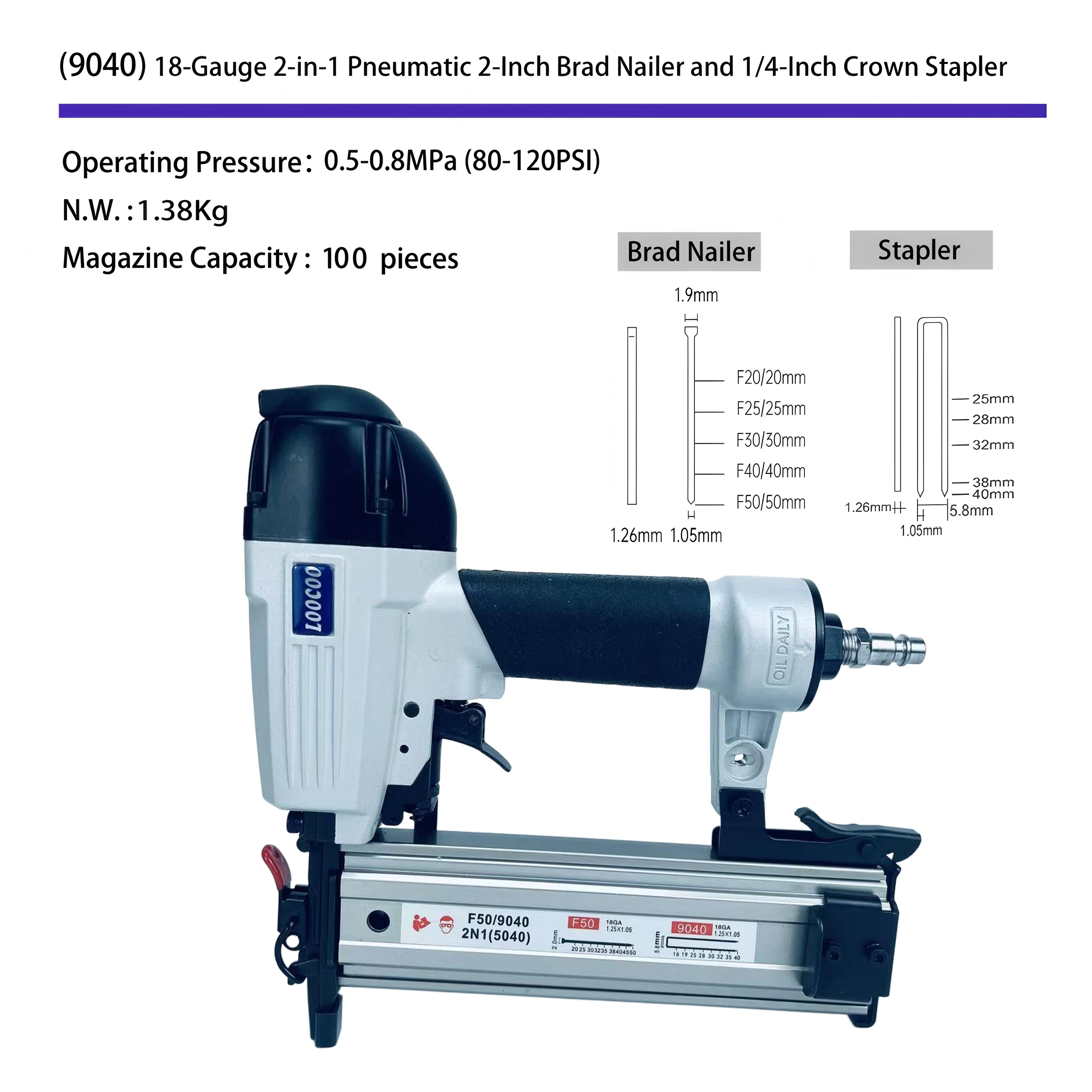 1PCS 5040 Straight Nail and Staple Dual-Use Gun, 18GA, Applications: Sofa Frame Assembly, Solid Wood Furniture Construction, Doo