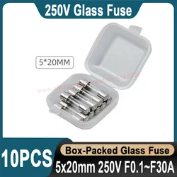 10PCS 5*20mm Glass Fuse Quick Break 250V 0.1A 0.2A 0.3A 0.5A 1A 2A 3.15A 4A 5A 6A 7A 8A 10A 12A 15A 20A 25A 30A Fast-blow Fuse