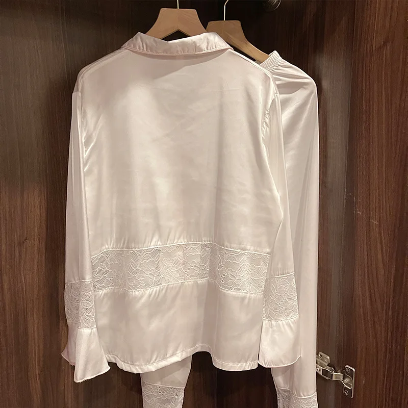 White Flare Sleeve Lace Pajamas Set Women Turn Down Collar Sleepwear Satin Silk Homeclothes Ladies Long 2Pcs Pyjamas Nightwear