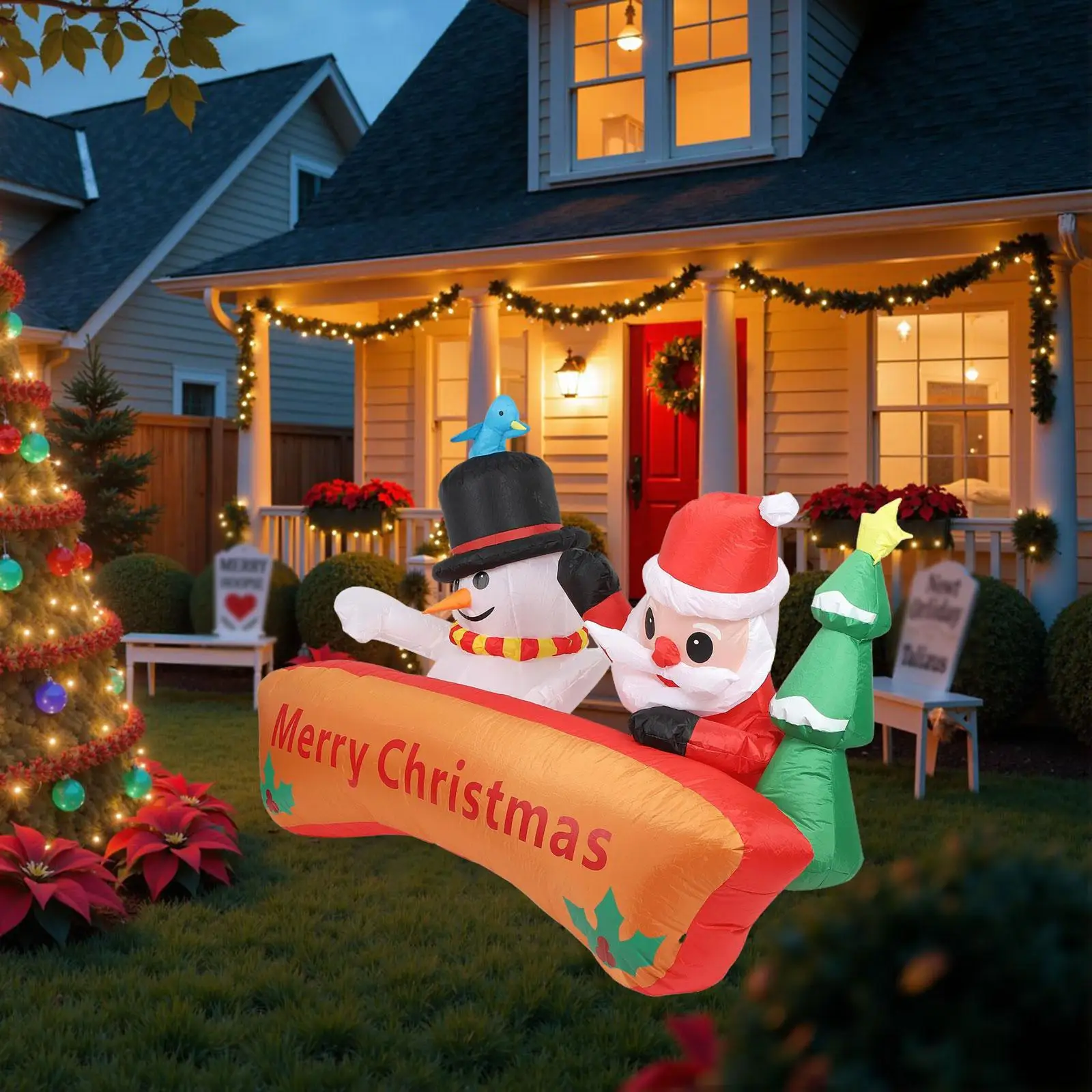 Holiday Ornament Scene Layout Inflatable Santa Character Yard Display with LED Lighting for Christmas Outdoor