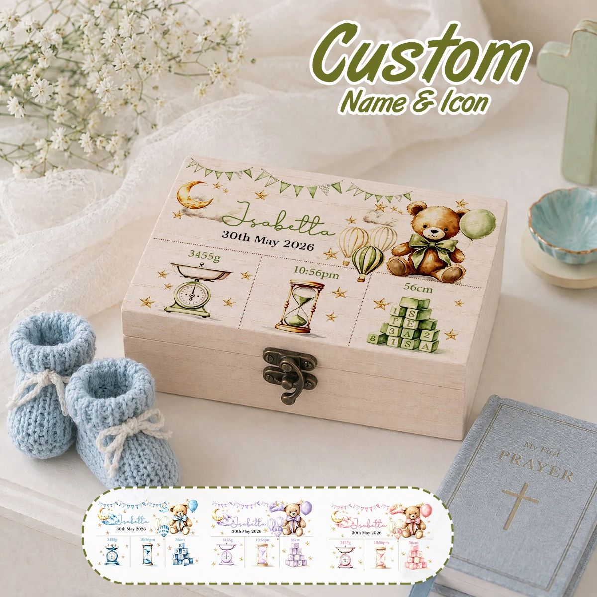 Custom Little Bear Memory Box,Personalized Wooden Keepsake Box With Name,Vintage Baby Milestone Storage Box,Customized Gift Box