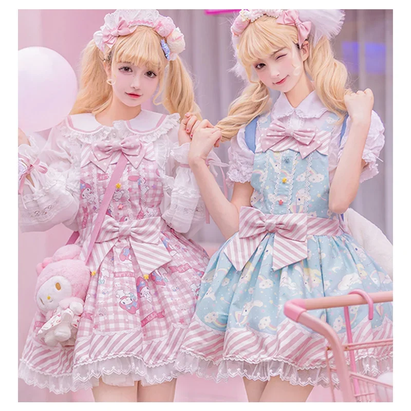 Sanrioed  Lolita Dress My Melody Cinnamoroll Kuromi Cute Sweet Print Princess Dress Bow Lace Party Strap Dresses Lolita Skirt