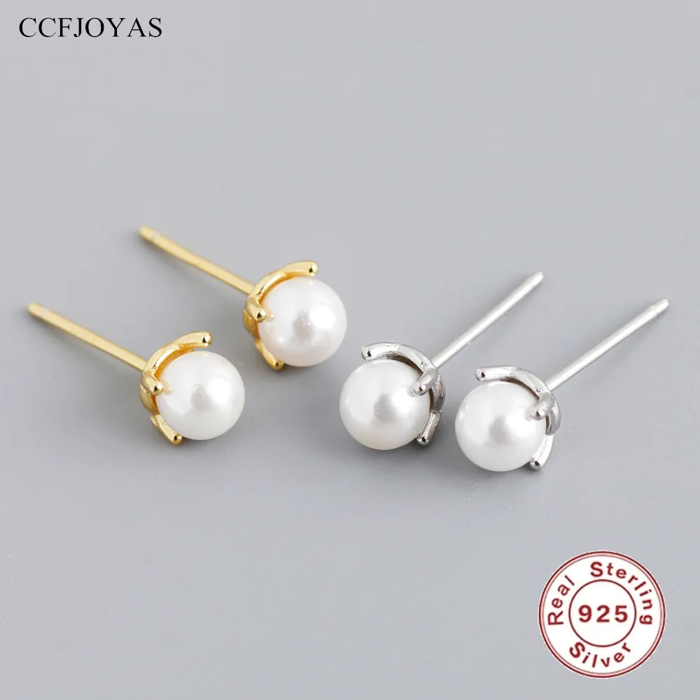 

CCFJOYAS Simple ins 925 Sterling Silver Round Pearl Stud Earrings Cute Mini Small Fresh Studs Women Fashion Jewelry