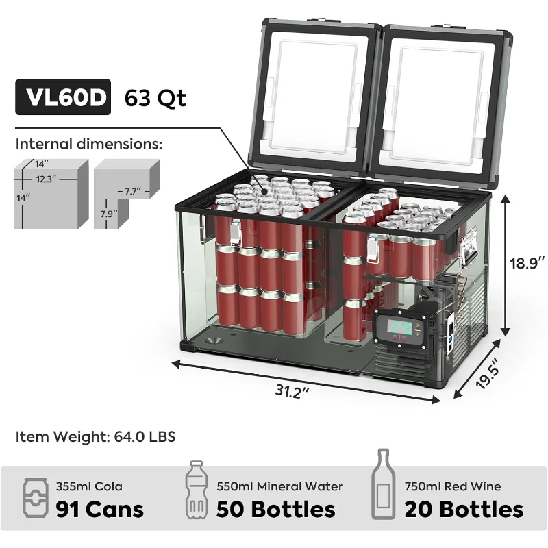 Двухзонный портативный холодильник ICECO VL60 с компрессором SECOP, 60-литровый платиновый компактный холодильник, 12/24 В постоянного тока