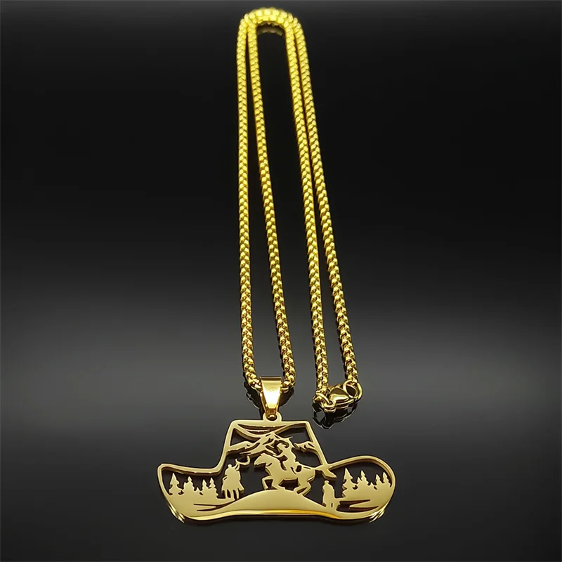 Western Cowboy Hut Baum Halskette Für Frauen Männer Edelstahl Silber Farbe Hohl Pferd Tier Männliche Kette Schmuck Geschenke – Detail 5