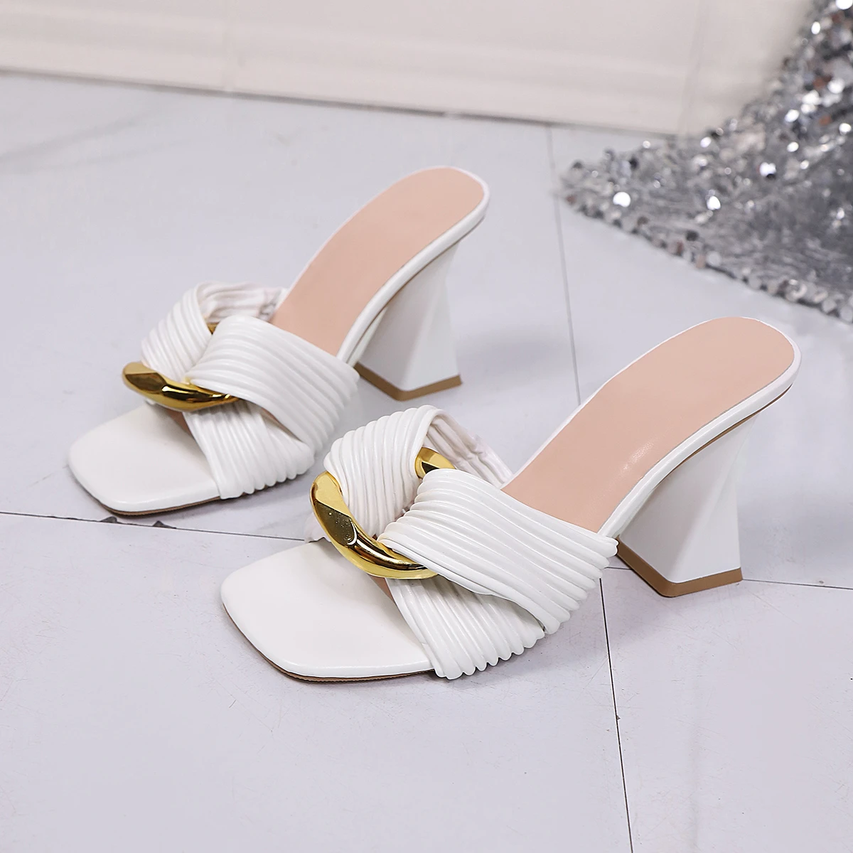 Women Summer Fashion Gold Buckle High Heels square head Party Wedding slippers Elegant sexy open-toe Sandals Mules Heeled Pumps