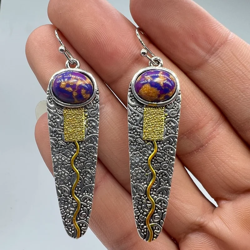 Vintage Extra Long Waterdrop Metal Two Tone Earrings Fashion Hand Carved Pattern Inlaid Purple Stone Dangle Earrings