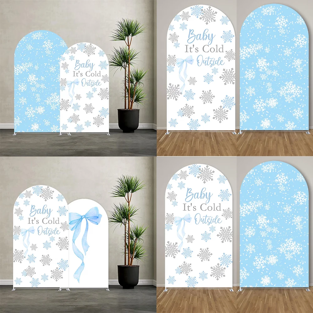 It's Cold Outside Themed Baby Shower Party Banner Backdrop Snowflake Winter Gender Reveal Newborn Boy Blue Arched Cover Props