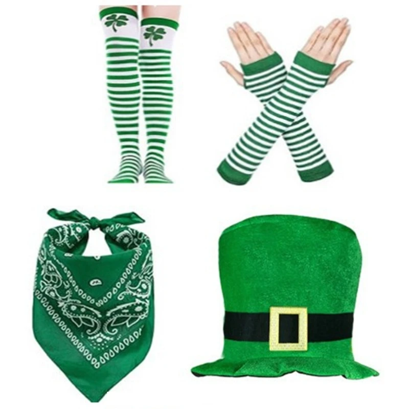 Traje vestir para o dia StPatricks, 4 peças, trevo verde, chapéu alto, meias luvas, conjunto para celebração do dia