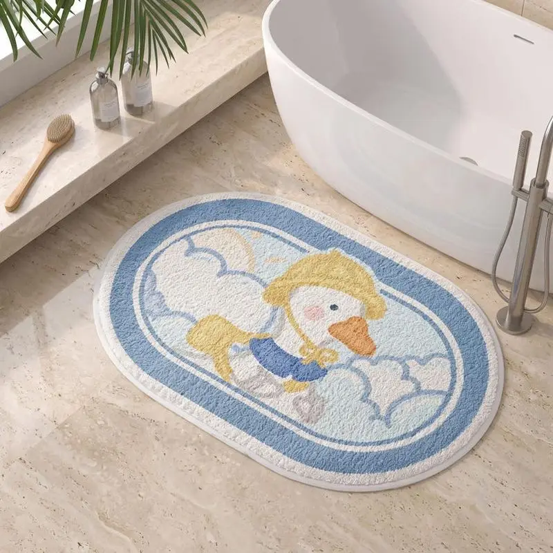 VIKAMA Cartoon Duck Oval Bath Mat Soft Plush Anti‑slip Absorbent Rug For Bathroom Kids Room Bedside Home Decoration