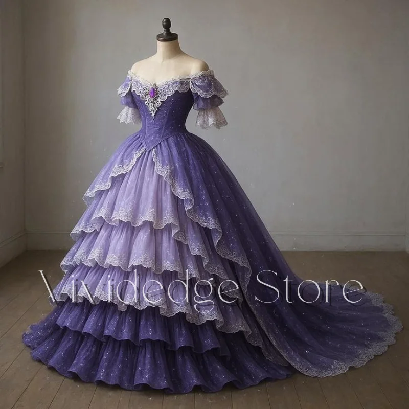 Vestido de novia morado de fantasía, exquisito vestido de novia victoriano de manga corta con corte en A, vestido de novia escalonado personalizado