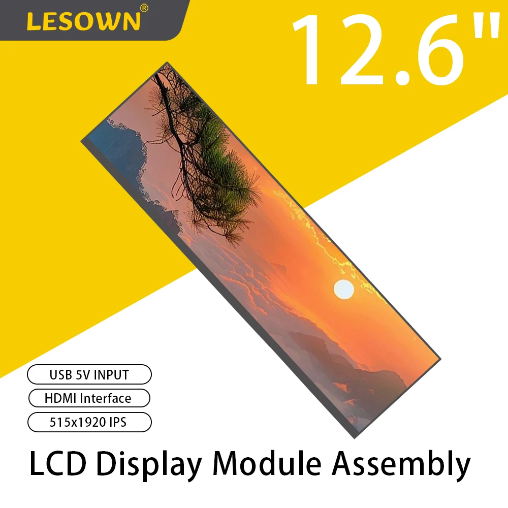 LESOWN 12.6 inch 515x1920 LCD IPS Touch Widescreen Module HDMI USB-C 5V Powered Long Bar PC Sensor Pannel Display for Laptop