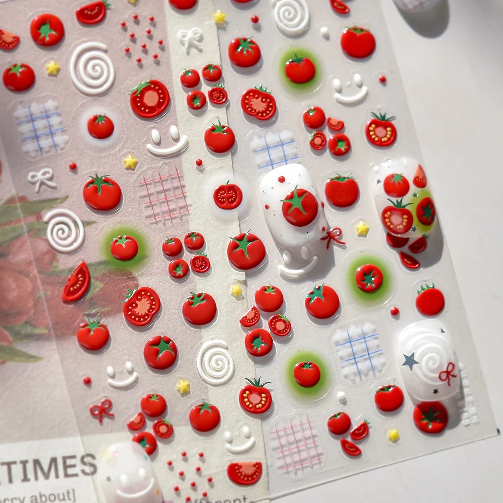 

5D Jelly Tomato Nail Art Sticker Romantic Bowknot Twinkling Star Fun Fruit-Themed Self Adhesive Decoration Manicure Decal DIY