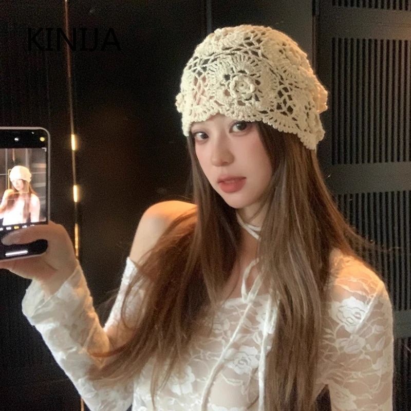 Japanische handgemachte aushöhlen gestrickte Blume Zylinder Damen Frühling Sommer künstlerische vielseitige Kappe Retro Ethno-Stil Pullover Kappe