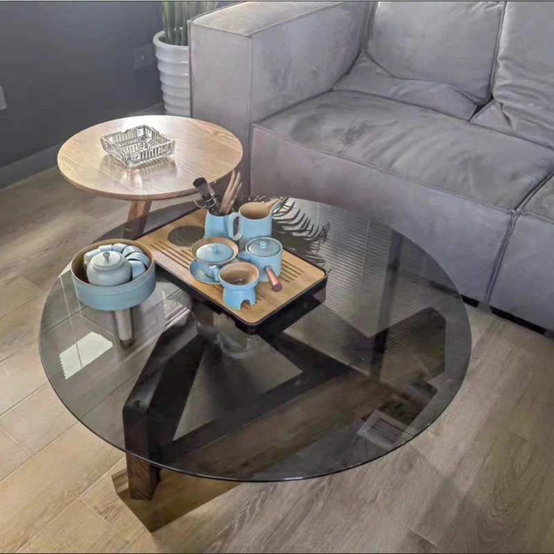 Modern Luxury Round Coffee Table Living Room Coffee Table Solid Wood Black Glass Small Coffee Table New