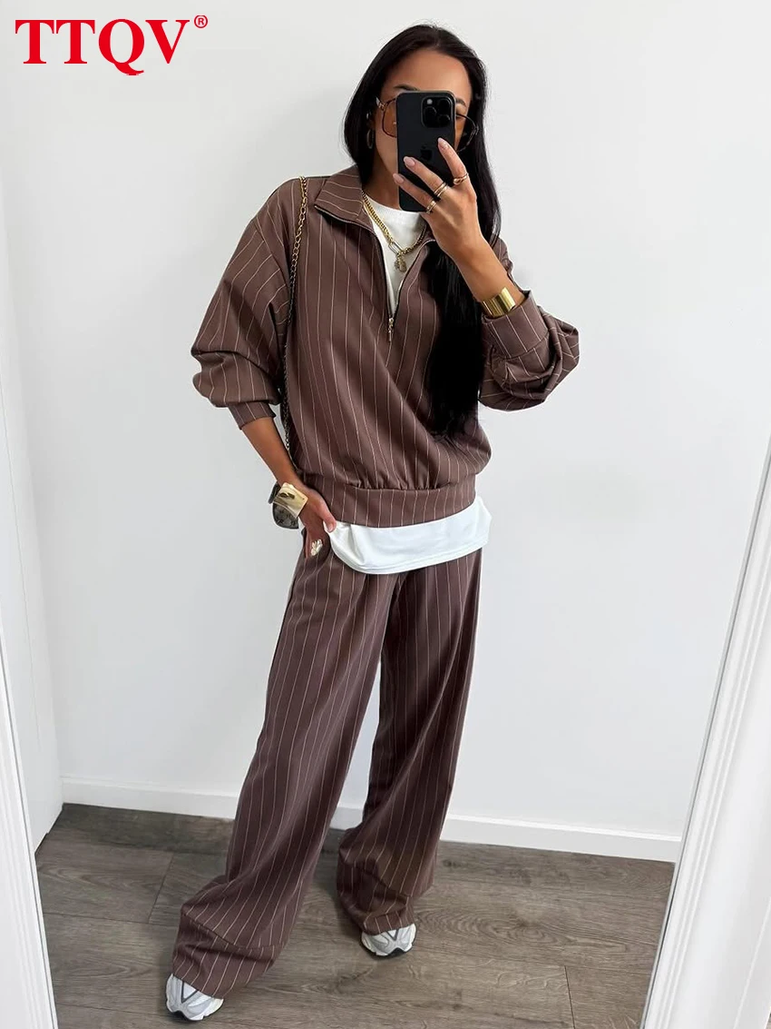 

TTQV Fashion Loose Stripe Print 2 Piece Set Women 2026 Elegant Long Sleeve Shirt With High Waist Wide Pants Set Female