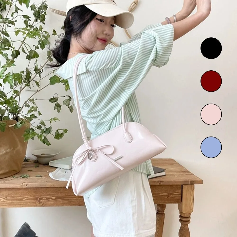 الموضة الكورية نمط منقوشة تحت الإبط حزمة الحلو Bowknot عادية بوسطن حقيبة كتف بلون بولي Leather جلد المرأة حقيبة يد هدية