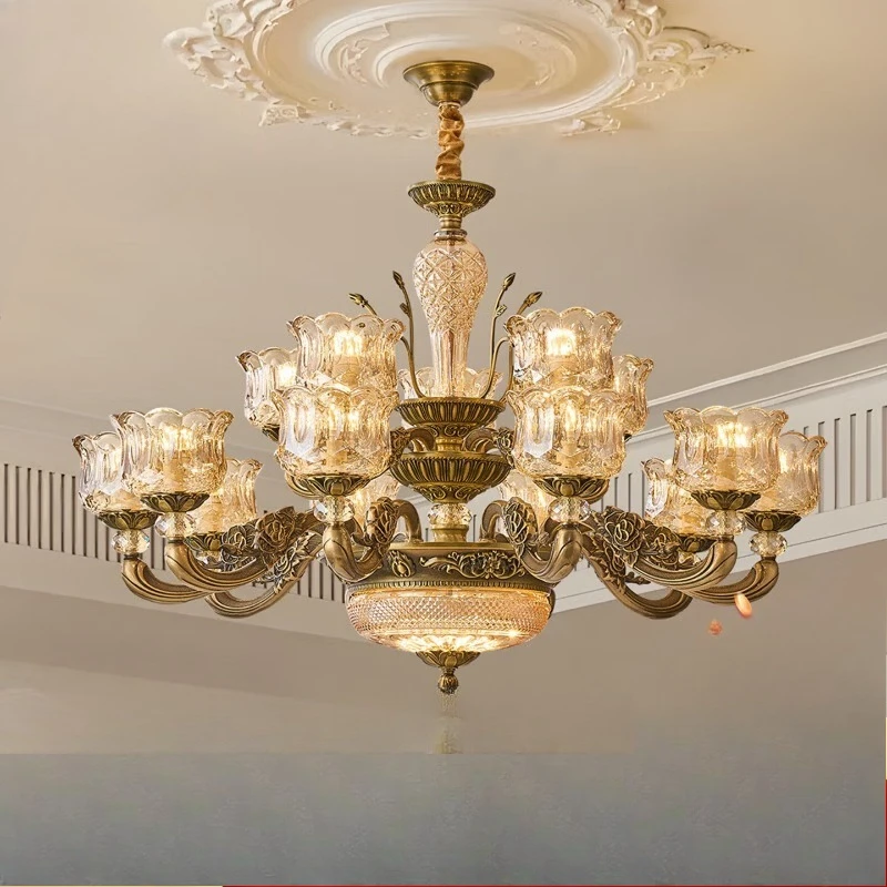 Chandelier light luxury hall living room main light dining room lamp, all copper 6 heads - with full spectrum