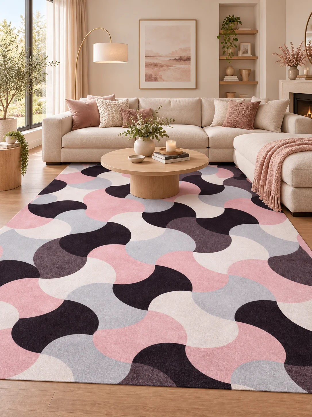 Bold Pink Black Grey White Abstract Wave Flannel Area Rug, Soft Touch Modern Geometric Floor Carpet, Eye Catching Statement Decor for Living Room, Bedroom, Home Office and Contemporary Interiors