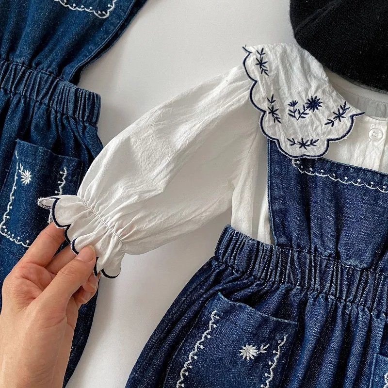 2024 New Baby Girl Clothes 0-3Years Kids Long Sleeve Embroidery Shirt Tops Denim Romper Elastic Waist Jeans Jumpsuit Overalls