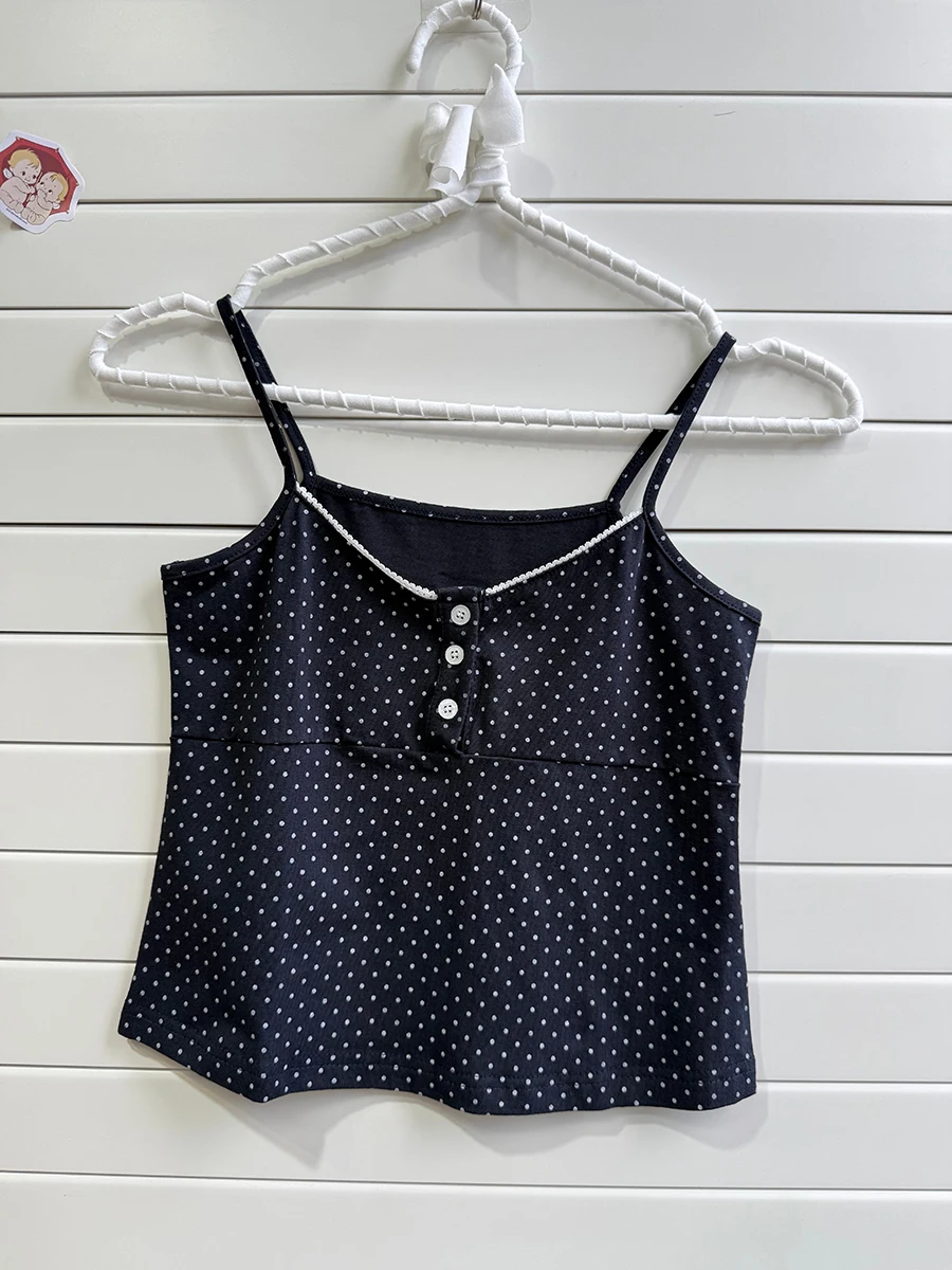 Lace Trim Polka Dot Tank Top for Women Summer Casual Backless Cotton Camisole Tanks Female Fashion Slim Sweet Camis Tops 2025