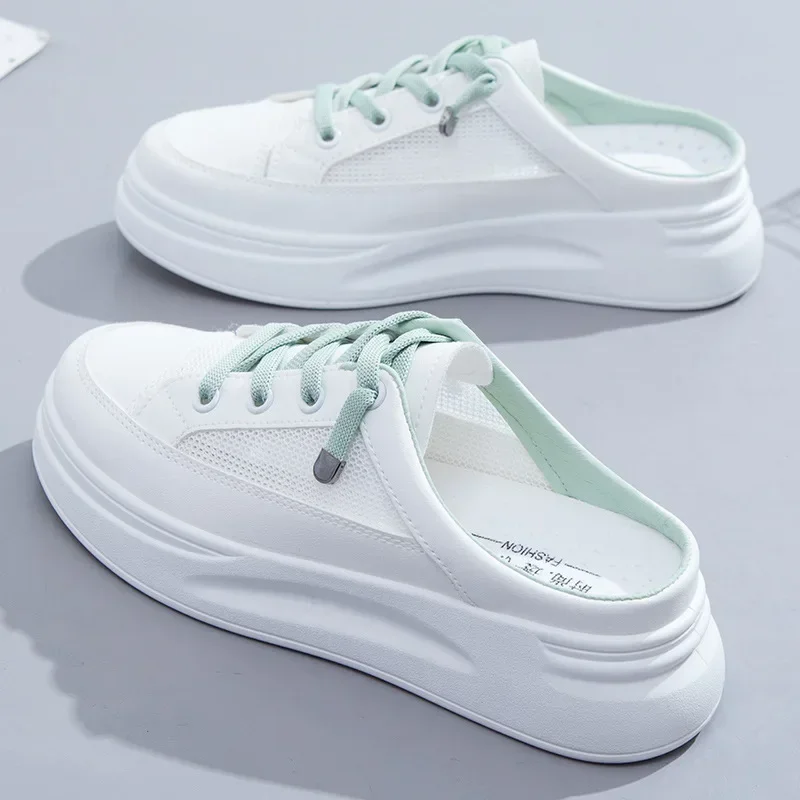 *Summer New Baotou Mesh Breathable White Flat Shoes Fashionable Hot Selling Casual Half Dragged Round Head Women's Sandals