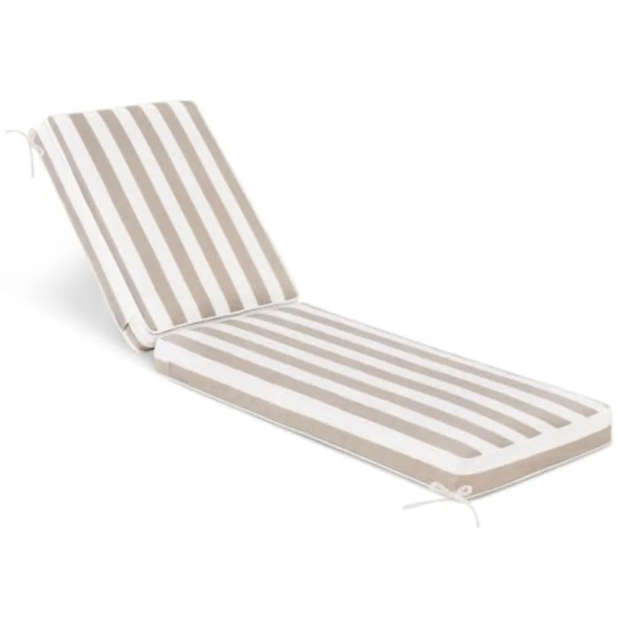 Patio chaise lounge cushion for outdoor use olefin fabric in tan cabana stripe water-resistant and thick with 4 straps 72 x 21