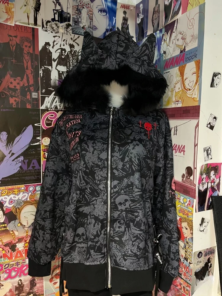 Y2k Subculture Long Sleeve Hooded Jacket Cat Ears Women Casual Punk Style Coat Skulls Print Harajuku Faux Fur 2025 Autumn
