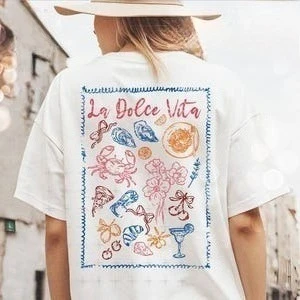 La Dolce Vita Retro italienisches Essen T-Shirt Design Retro Vibes Ästhetischer Sommer für Frauen Muster Baumwolle Tops Atmungsaktives Shirt