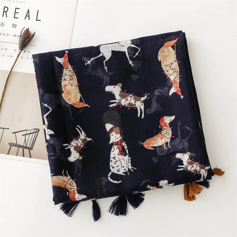 Fresh Cartoon Clothing With Cotton And Linen Feel Scarf Spotted Dog Animal Scarves Travel Sunscreen Shawl 90x180cm