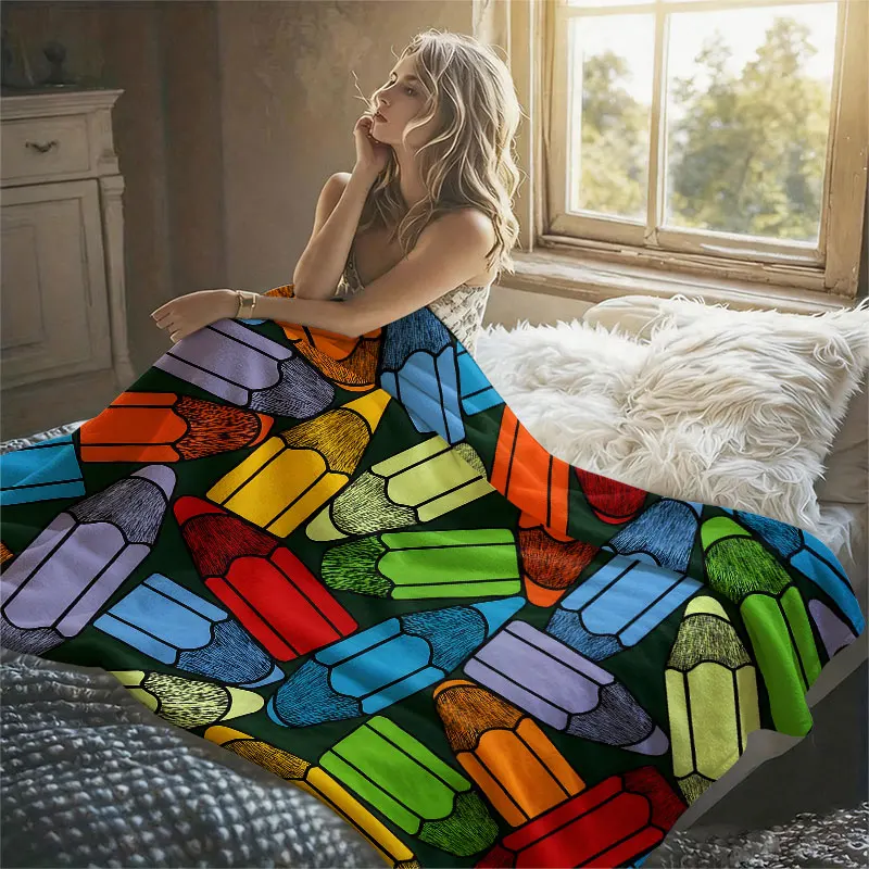 Colored Pencils Green Flannel Blanket Perfect for Sofa Office Bed Travel Sleep Read Relax Camping Four Season Use