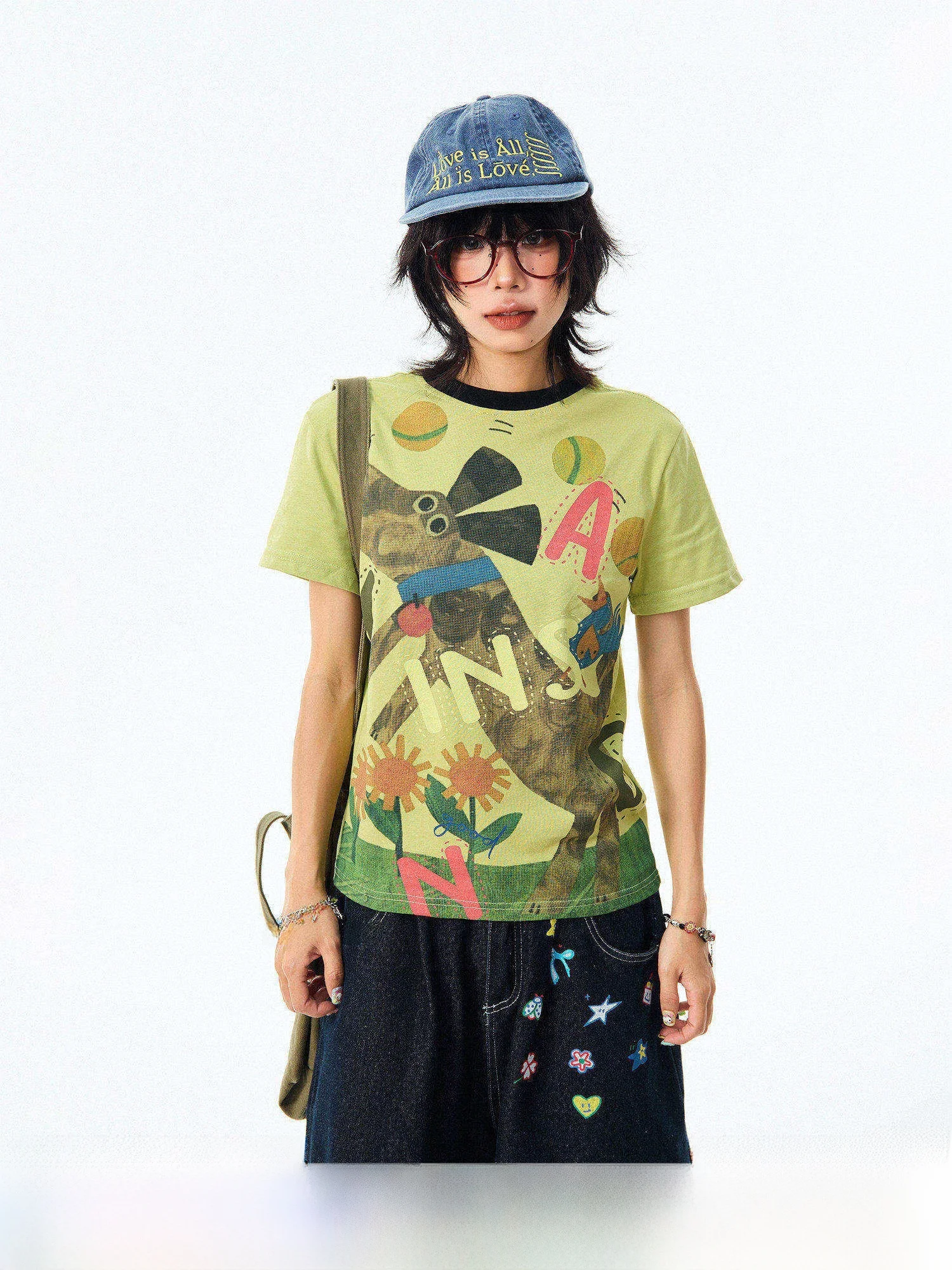 

MIKYO American Retro Fun Dog fiti oulder T-irt Women Summer Loose Casual Slimming Top Cotton ort Sve round Ne