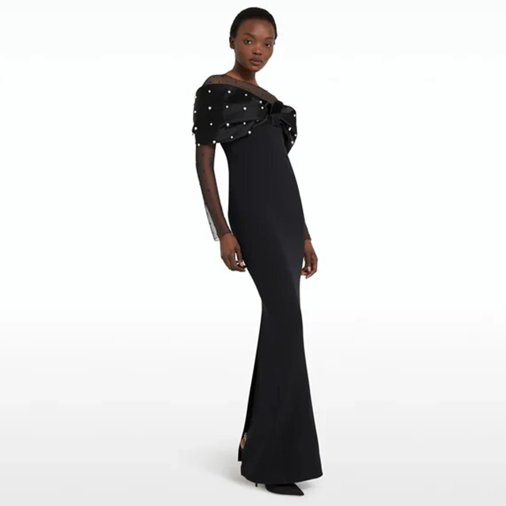 

2024 Saudi Long Beaded Evening Dress Jersey&Satin Black Pearl Pleat Split Valentine's Day Column&Sheath O-Neck Dress Maxi