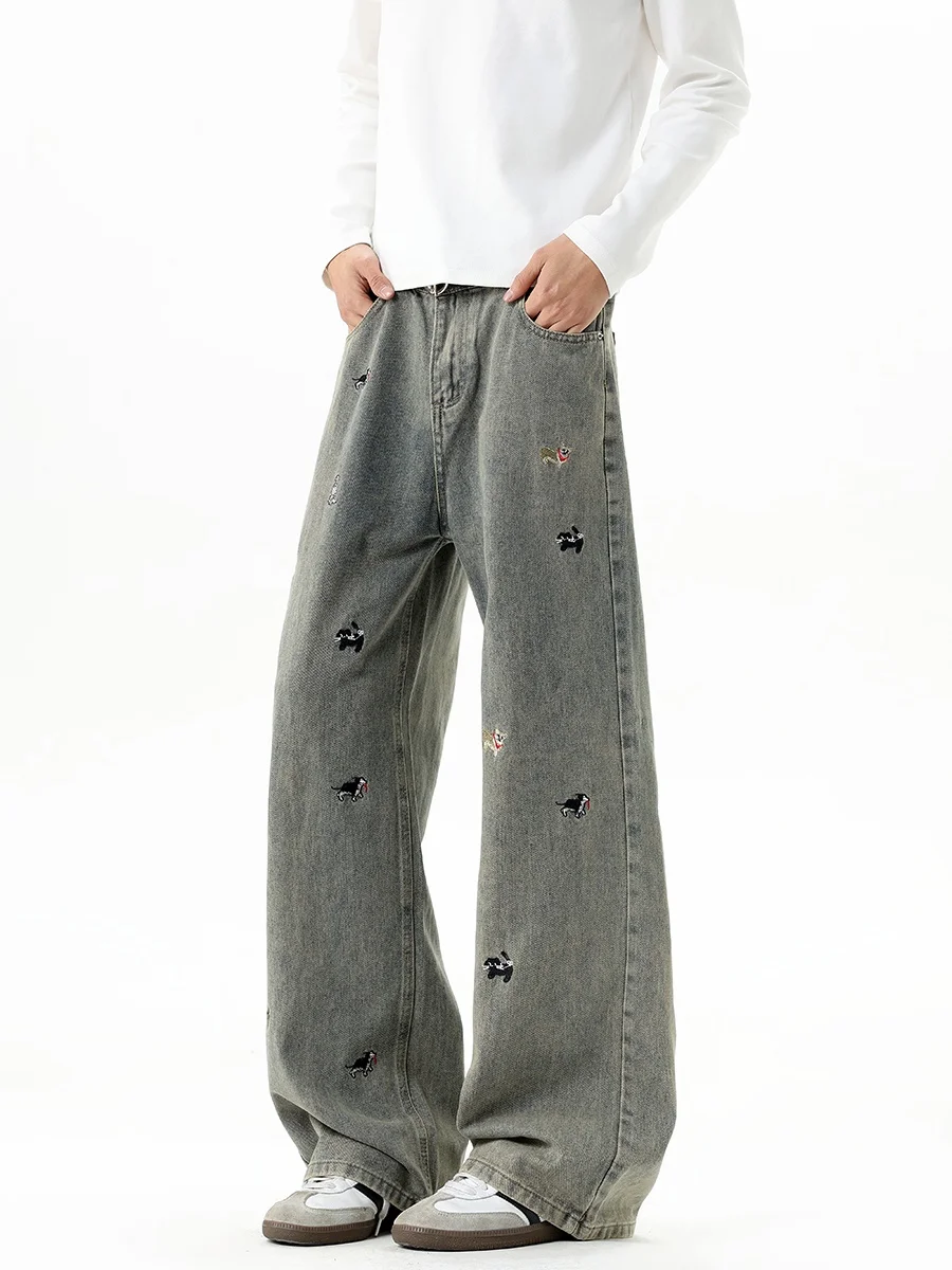 

Джинсы прямого кроя с вышивкой мультяшной собаки для мальчиков, весенне-осенние, из денима, американские широкие брюки