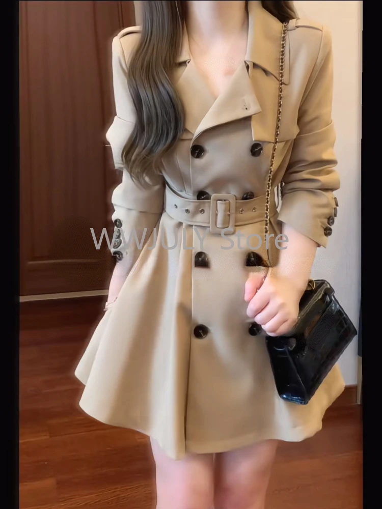 Autumn Winter Woman Korean Fashion Tops Trench Coats Elegant Khaki Turn Down Collar Long Sleeve High Waist Slim A Line Jackets