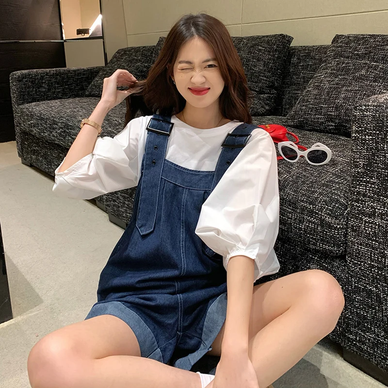 

Loose Wide Leg Straight Jeans Overalls Women's Summer New Style Deep Blue Denim Overalls plus Size Fashionable Slimming Shorts