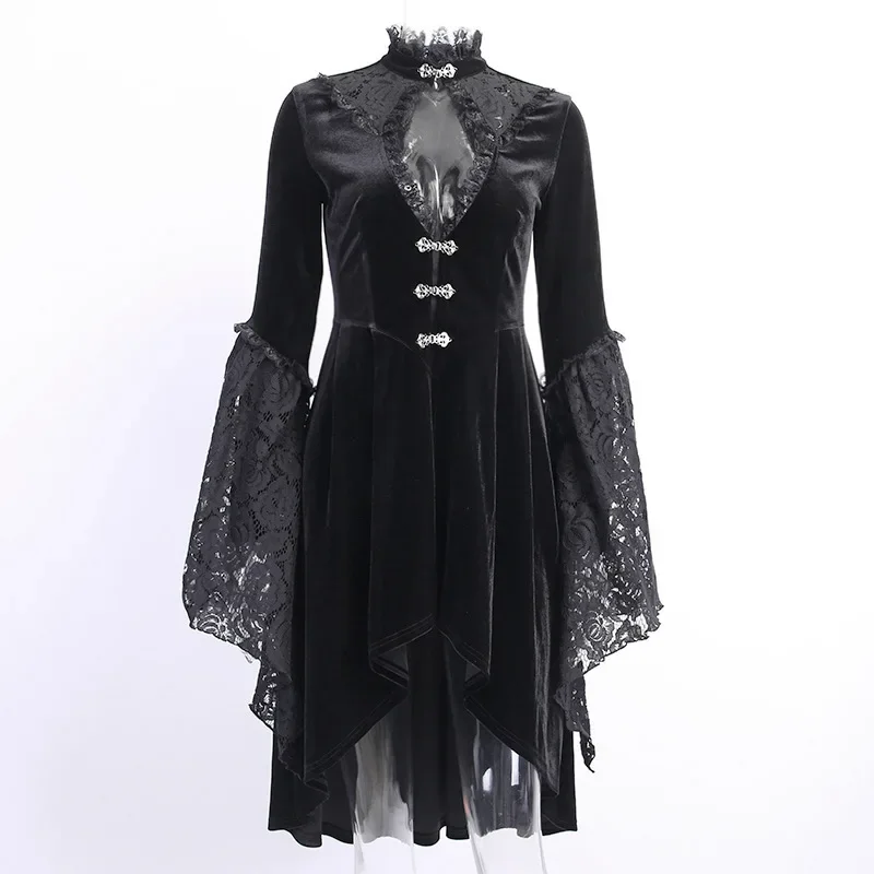 

Vintage Black Velvet Gothic Dress Women Elegant Hollow Out Lace Asymmetrical Dress Lace Patchwork Steampunk Party costume