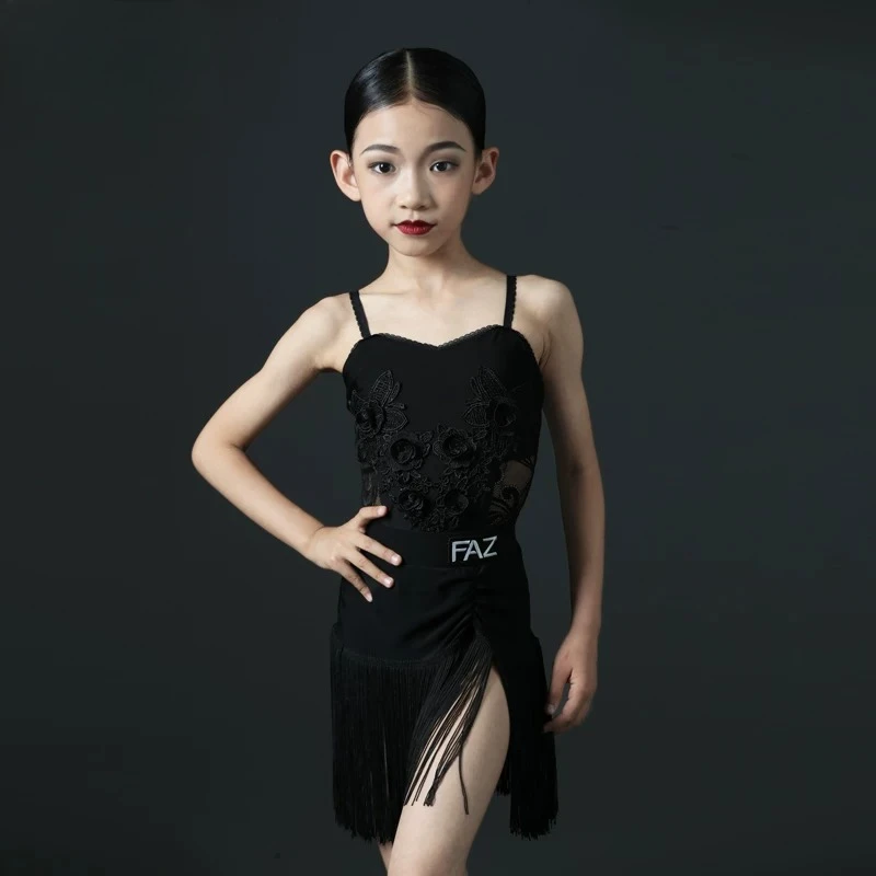 Girls Fringe Latin Dance Outfit Summer Kids Split Top Skirt Ballroom Cha Cha Daily Training Practice Stage Performance Dancewear