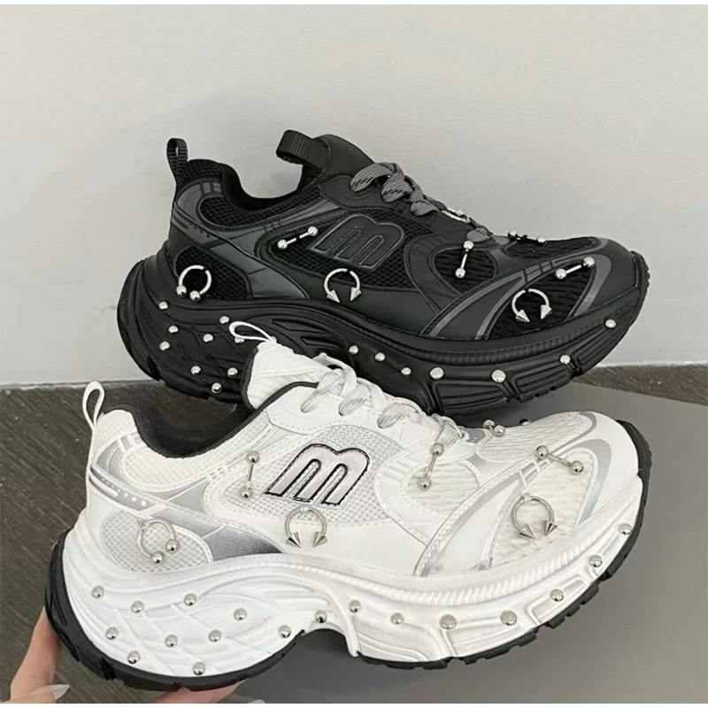 

Couple Platform Studded Sneakers Plus Size, Fashion Retro Running Shoes Breathable Height-increasing Versatile Studded Shoes