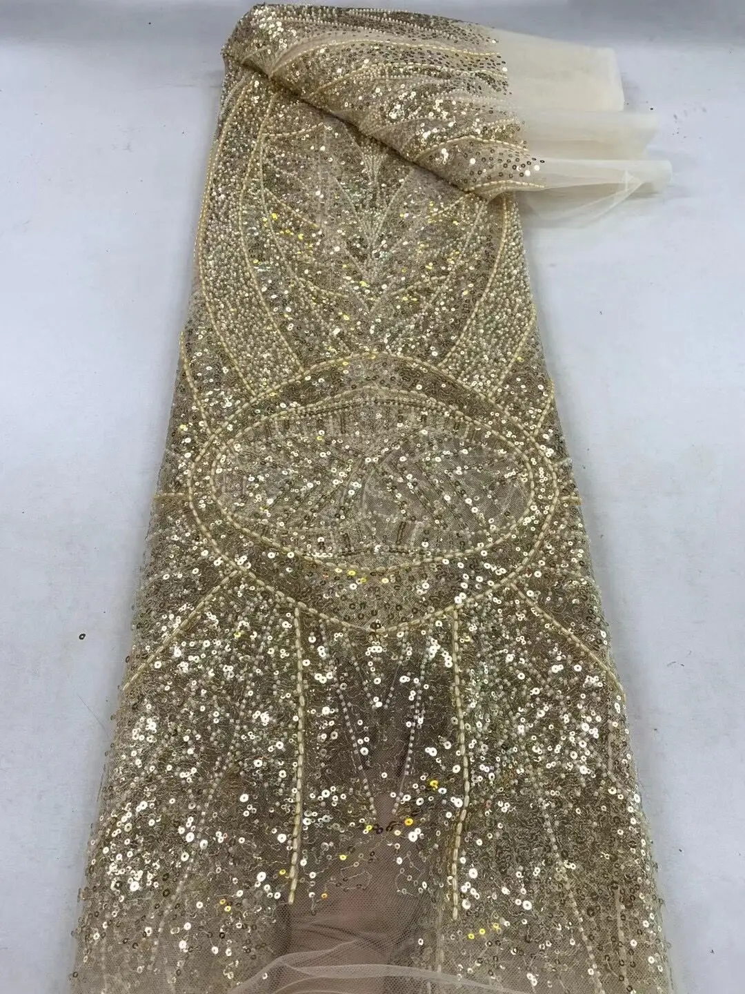 

Africa Lace Fabric High Quality Sequins Net Tulle Nigerian Fabrics with beads S-1308467 For Clothes Lace Fabric Wedding