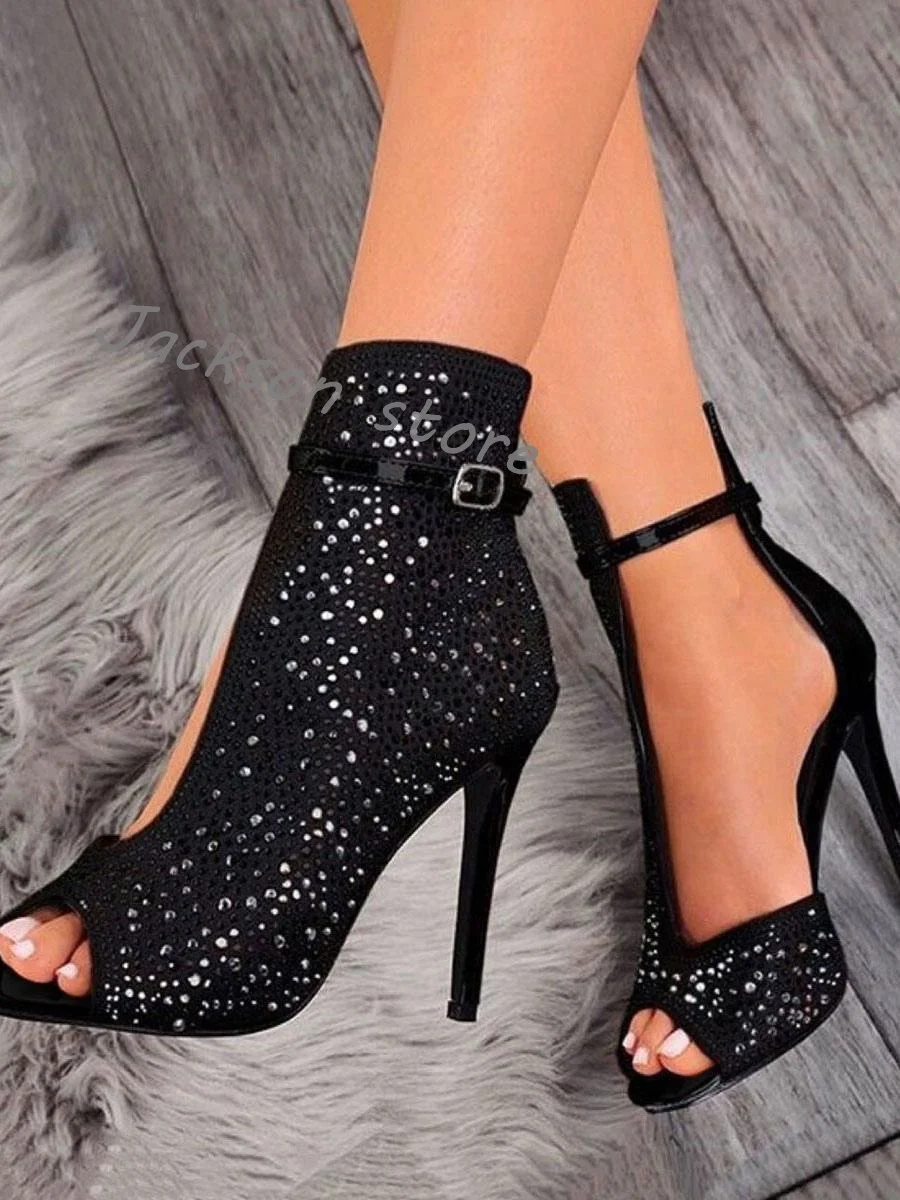 

Trendy Black Women Hollow Ankle Boots Open Toe Buckle Bling Stiletto Heels Elegant Dress Shoes Party Summer Lady Sandals