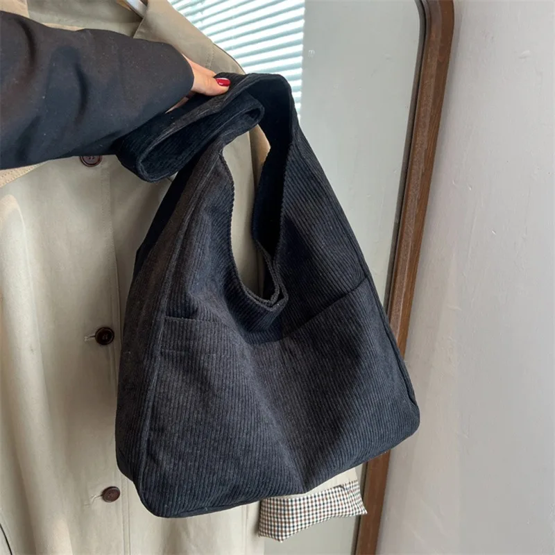 Solid Color Corduroy Canvas Shoulder Tote Bags For Women 2023 Casual Women\'s Designer Handbag Trend Female Armpit Bag