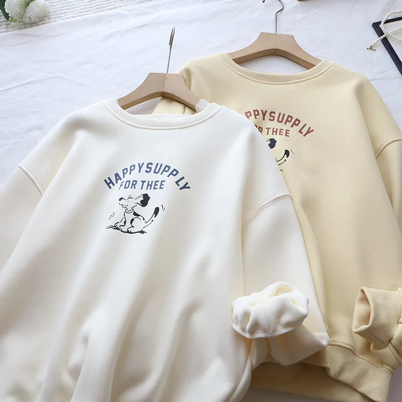 Sweat à capuche ample doublé de Fce pour femmes, collège coréen, rond, lettre Ne, imprimé chien de dessin animé, nouvelle collection hiver Ar...