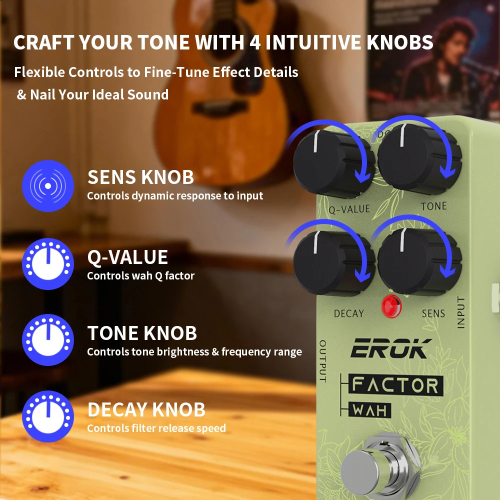 EROK Wah Pedal – Exaggerated Slap Funky & Subtle Attractive Wah Filter for Guitar & Bass, True Bypass