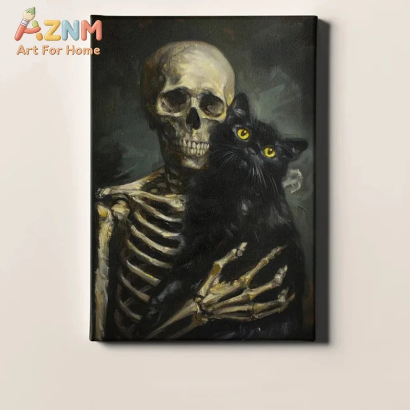 AZNM Skeleton Hugging Black Cat Vintage Oil Painting Canvas Wall Art, Gothic Spooky Halloween Frameless Canvas Print Poster for