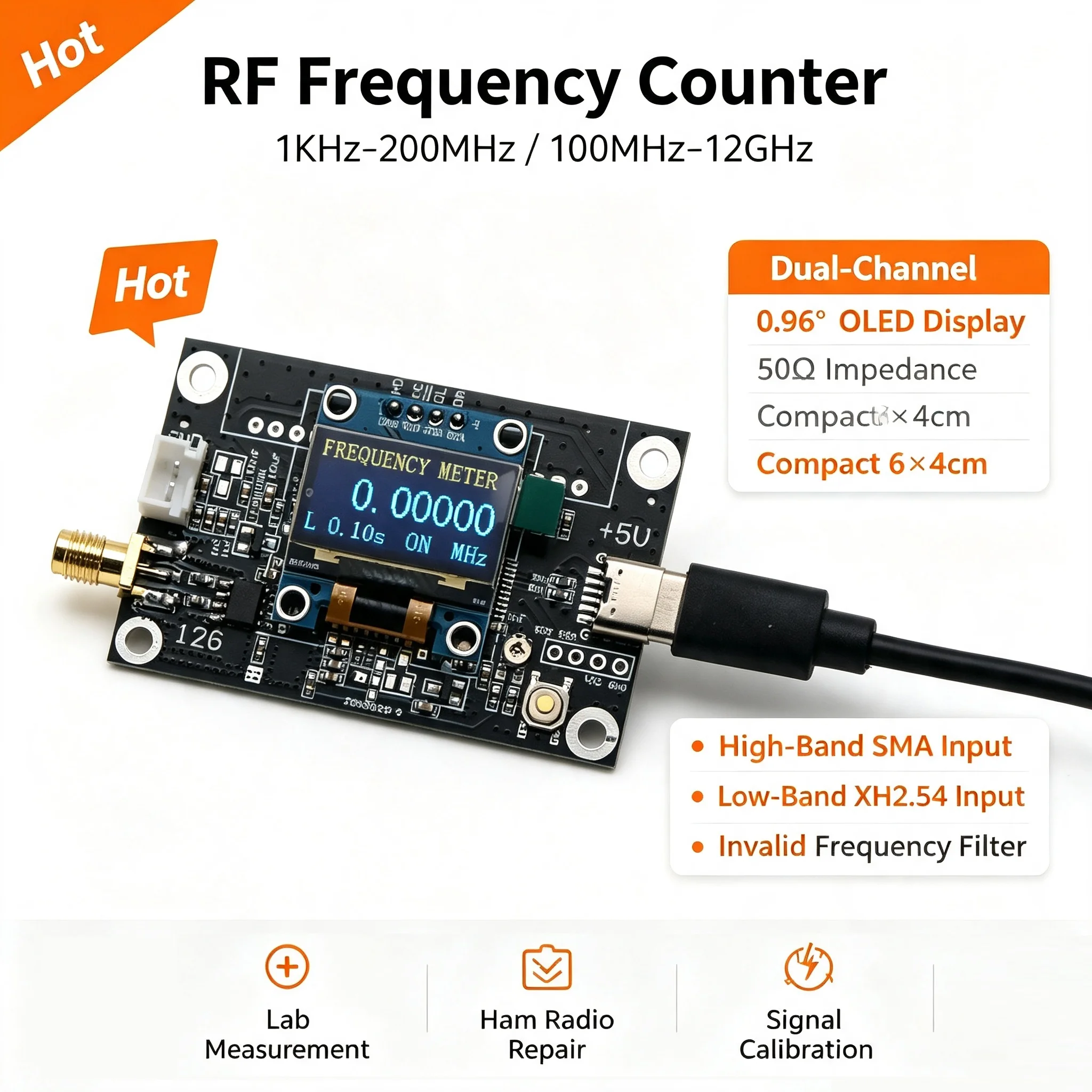 2CH KHz-12Ghz RF Frequency Counter OLED Digital Frequency METER FOR 433Mhz 868MHz 2.4Ghz 5Ghz 5.8Ghz SMA Radio Signal Generator