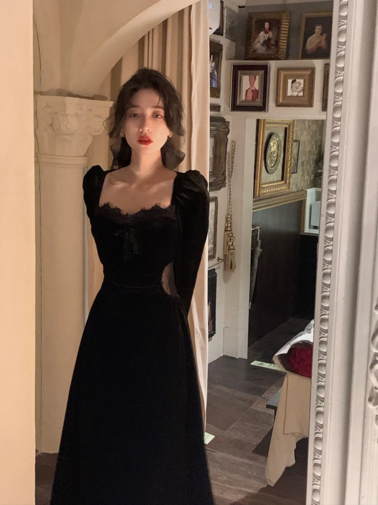 2022 Autumn Black Velvet Midi Dress Casual Korean Fashion Elegant Party Dress Woman Long Sleeve Vintage Lace Dress Slim Design