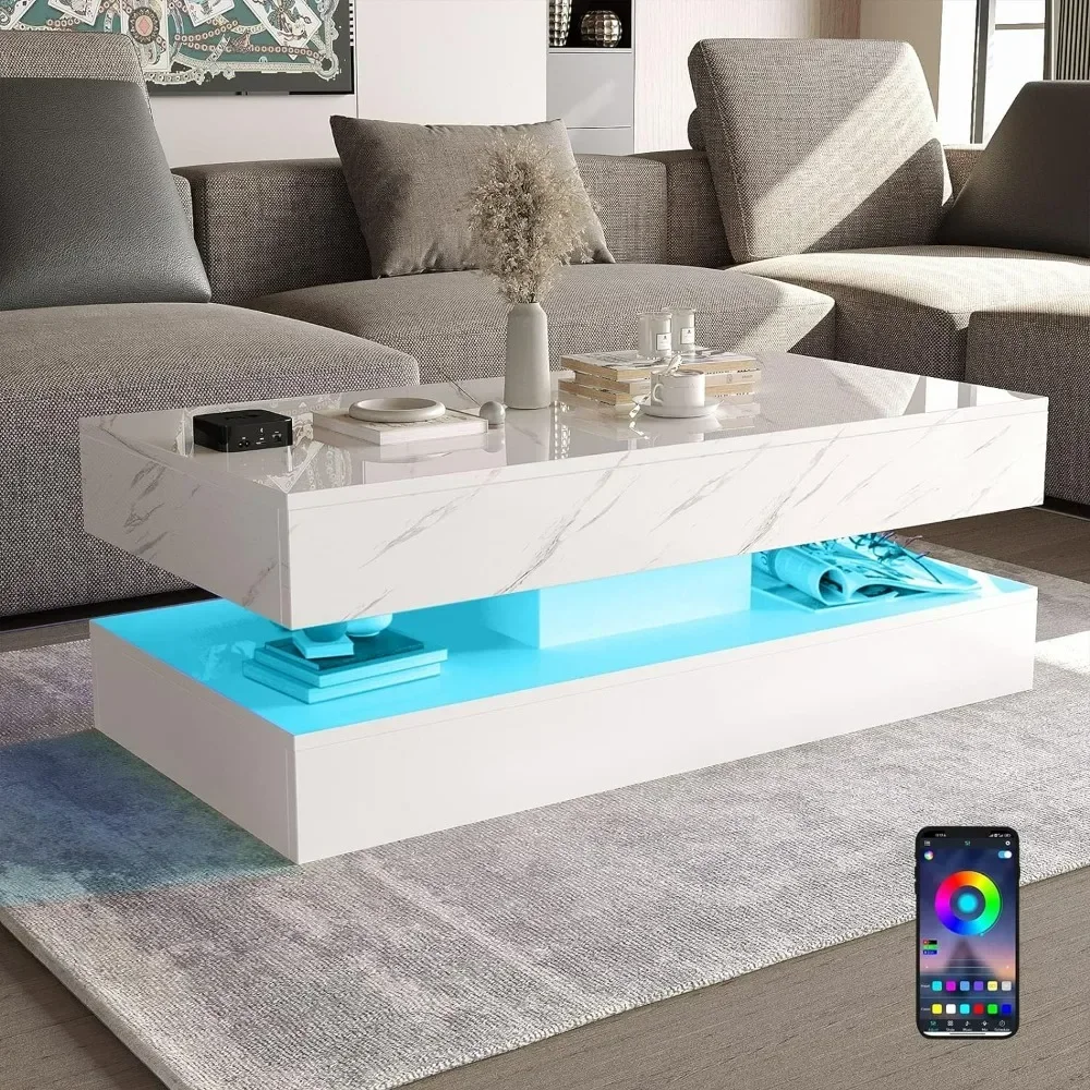 Mesa de centro rectangular con 2 cajones de almacenamiento, mesa de centro blanca de alto brillo con luces LED de 20 colores, 2 niveles