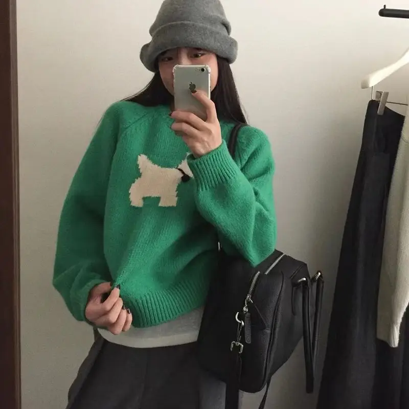 Women Autumn Winter Korean Loose Embroidered O-neck Knitting Women Clothes Preppy Style All-match Loose Pullovers Long Sleeve